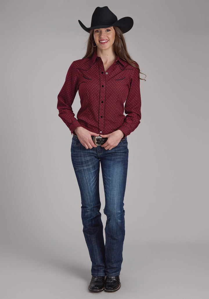 WOMENS WINE DOT PRINT LONG SLEEVE SNAP WESTERN SHIRT