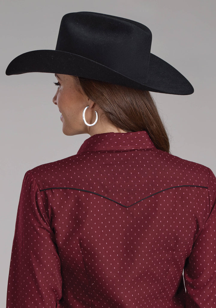 WOMENS WINE DOT PRINT LONG SLEEVE SNAP WESTERN SHIRT