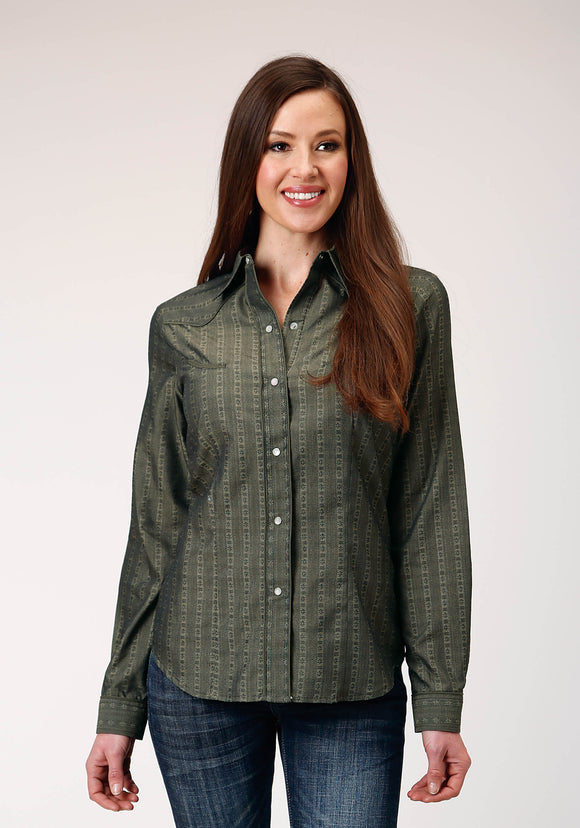 WOMENS LONG SLEEVE SNAP GREY FLORAL TONE ON TONE STRIP WESTERN SHIRT WITH SOLID PIPING AND SMILE POCKETS