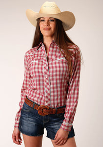 WOMENS LONG SLEEVE SNAP RED AND MULTI SMALL SCALE PLAID WESTERN SHIRT