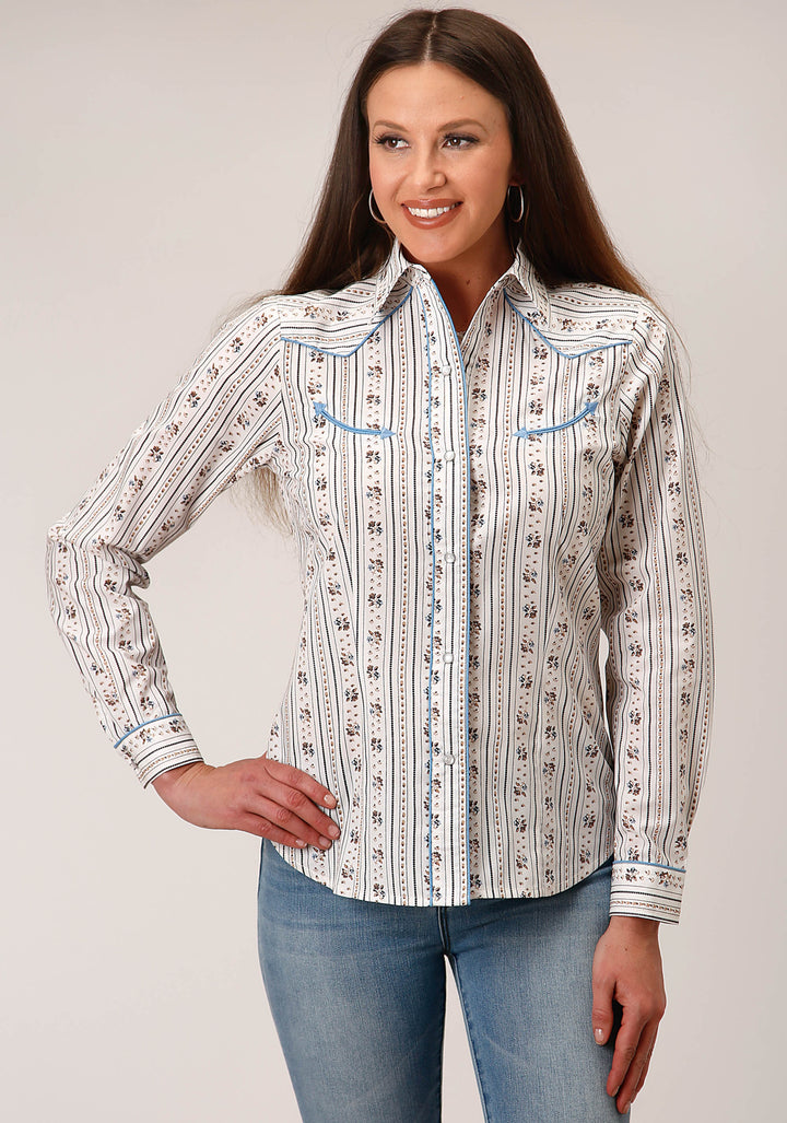 WOMENS LONG SLEEVE SNAP BROWN AND BLUE WALLPAPER STRIPE WESTERN SHIRT