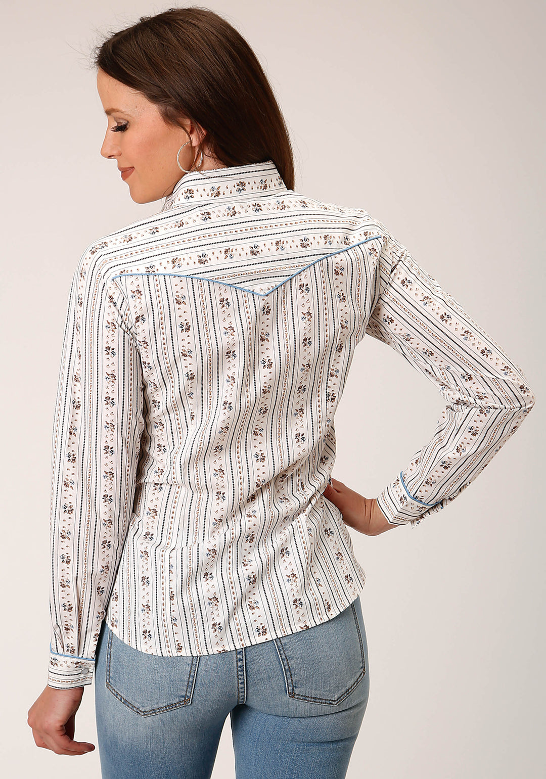 WOMENS LONG SLEEVE SNAP BROWN AND BLUE WALLPAPER STRIPE WESTERN SHIRT