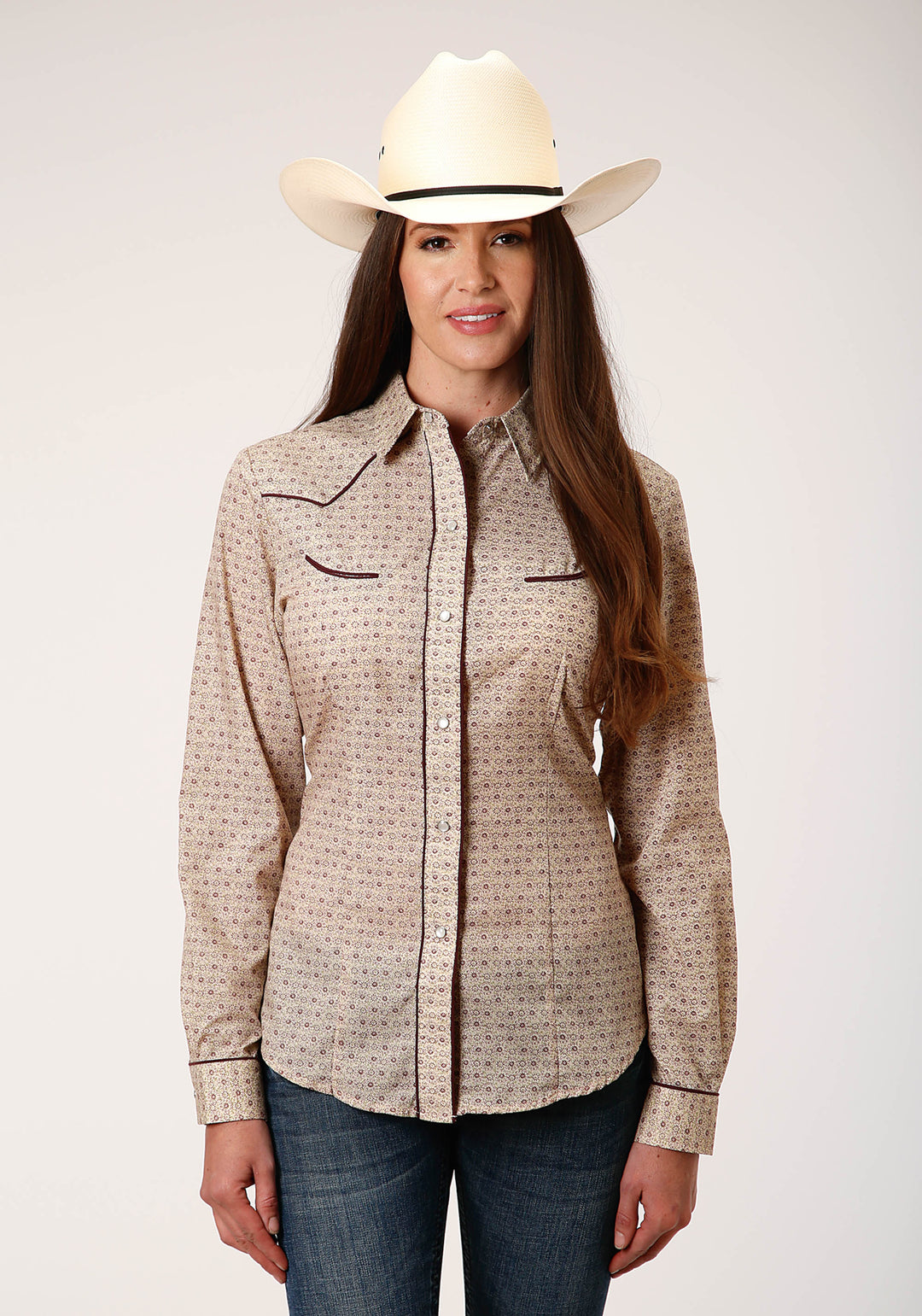 WOMENS LONG SLEEVE SNAP BEIGE AND RUST VINTAGE FLORAL PRINT WESTERN SHIRT