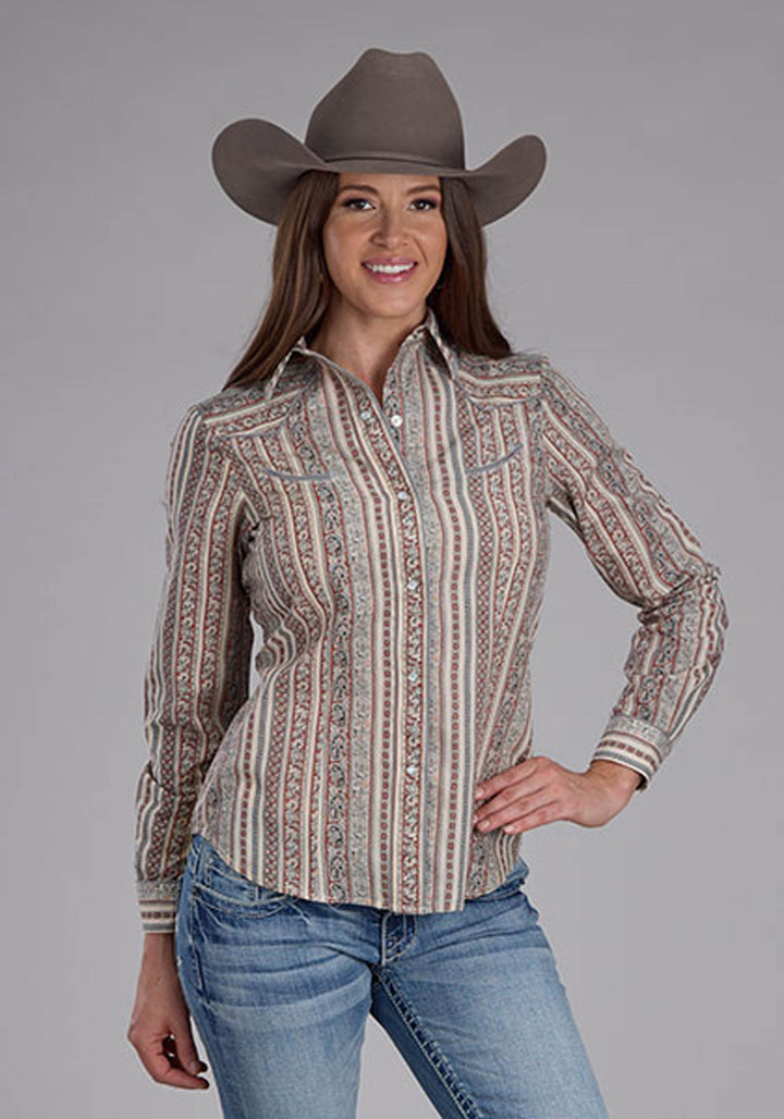 WOMENS LONG SLEEVE SNAP WALLPAPER PRINT WESTERN SHIRT