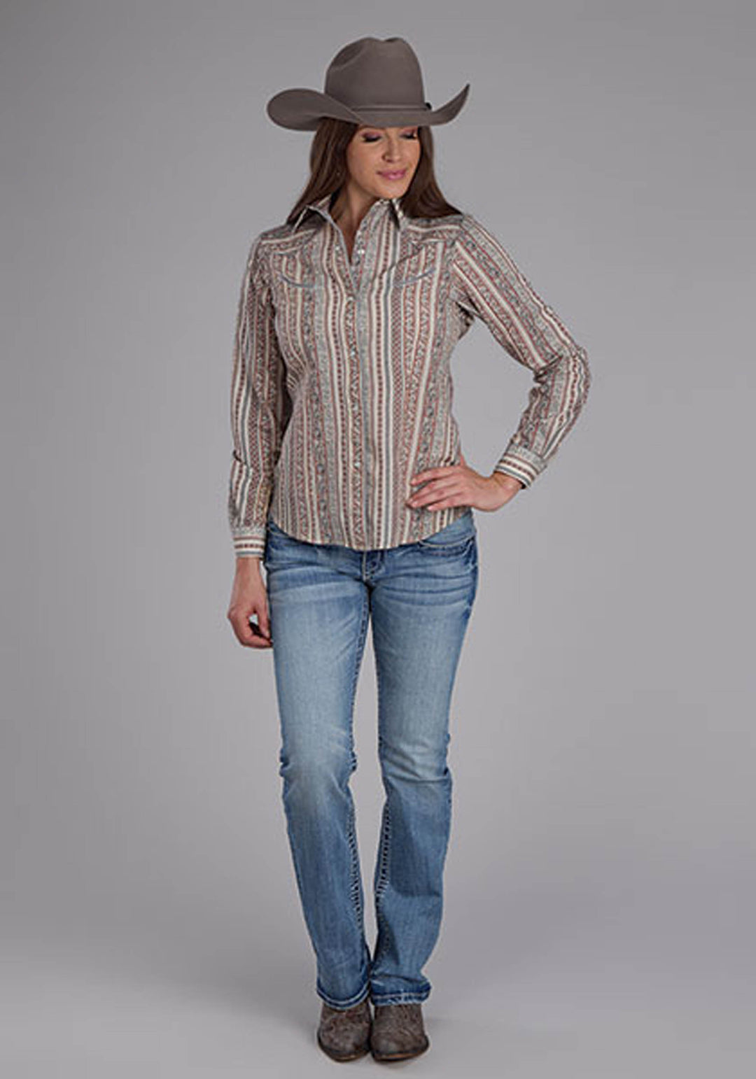 WOMENS LONG SLEEVE SNAP WALLPAPER PRINT WESTERN SHIRT