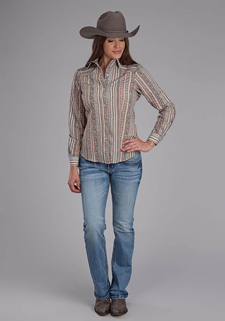 WOMENS LONG SLEEVE SNAP WALLPAPER PRINT WESTERN SHIRT