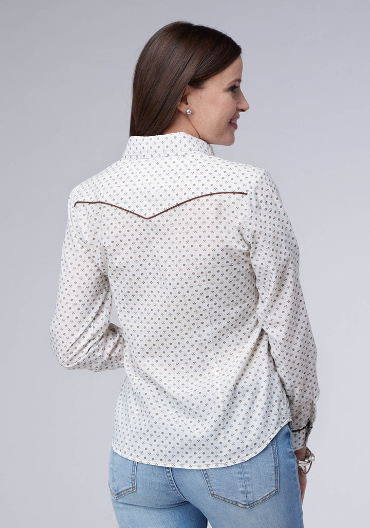WOMENS CREAM TAUPE MINI FLORAL PRINT LONG SLEEVE SNAP WESTERN SHIRT