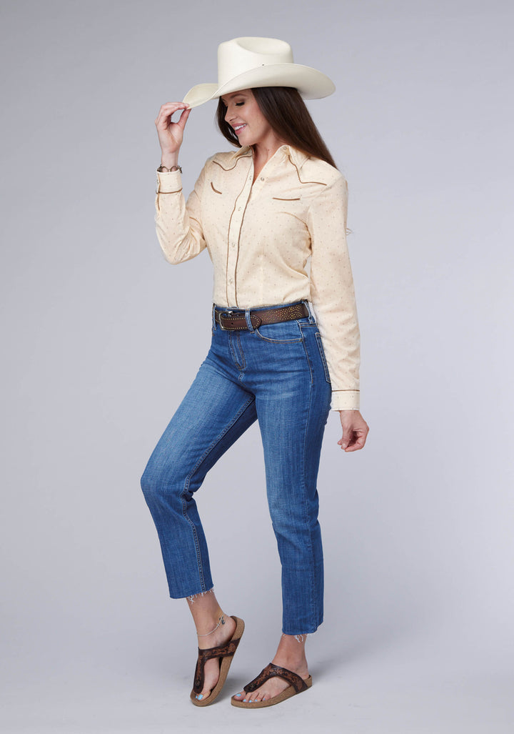 WOMENS CREAM WHITE DIAMOND WALLPAPER PRINT LONG SLEEVE SNAP WESTERN SHIRT