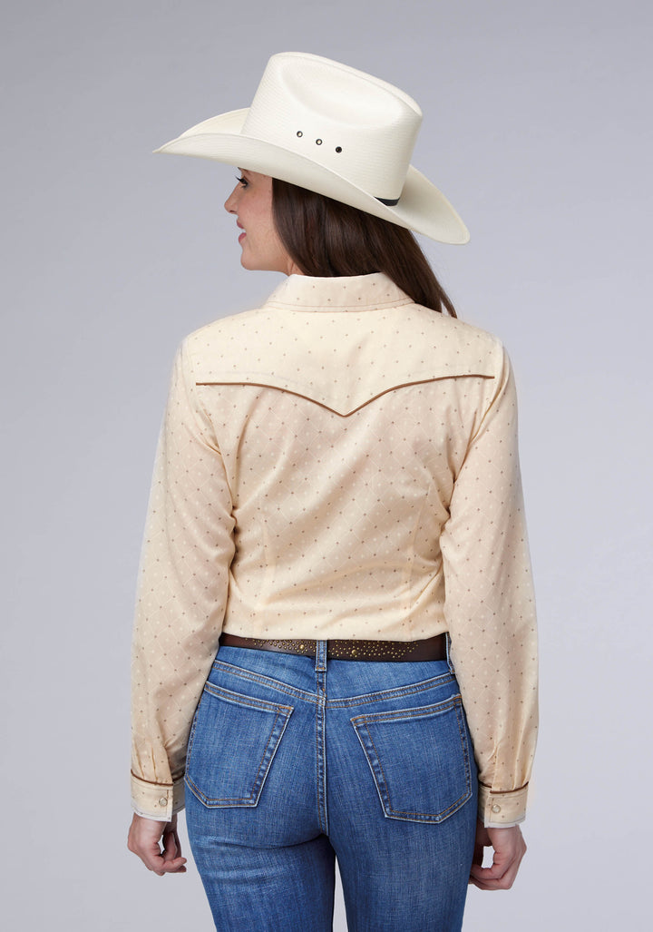 WOMENS CREAM WHITE DIAMOND WALLPAPER PRINT LONG SLEEVE SNAP WESTERN SHIRT