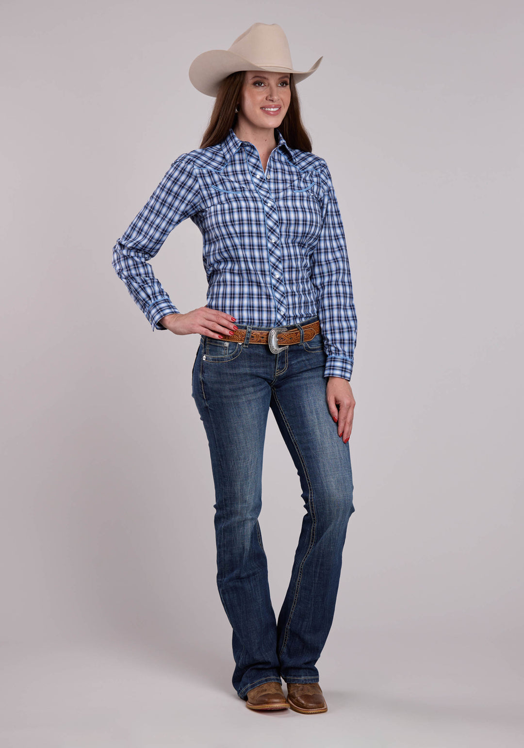 WOMENS ROPER MULIT BLUE  WHITE PLAID LONG SLEEVE SNAP SHIRT