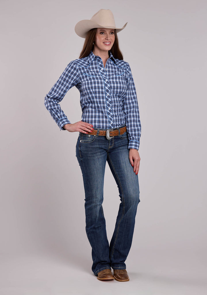 WOMENS ROPER MULIT BLUE  WHITE PLAID LONG SLEEVE SNAP SHIRT