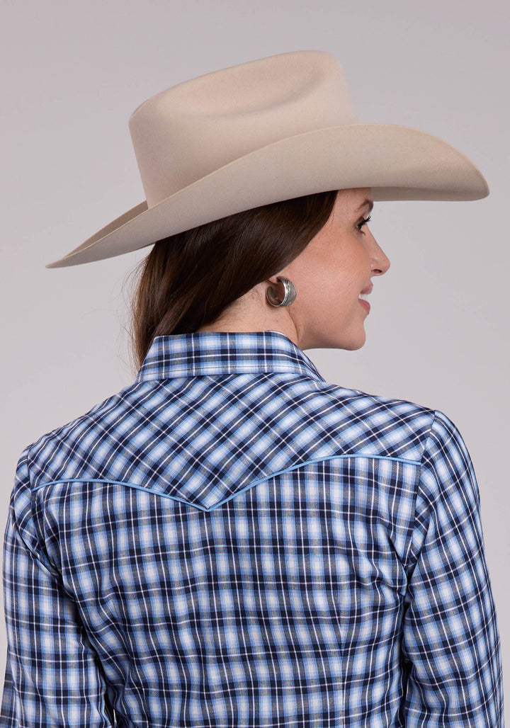 WOMENS ROPER MULIT BLUE  WHITE PLAID LONG SLEEVE SNAP SHIRT