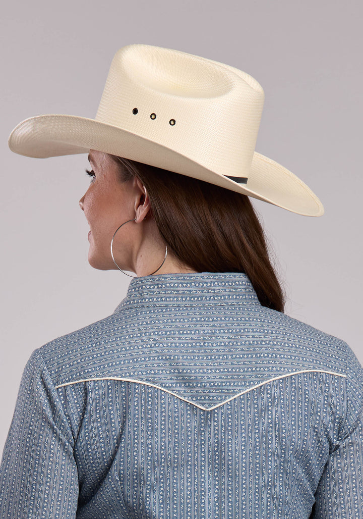 WOMENS ROPER BLUE  CREAM FLORAL WALLPAPER STRIPE LONG SLEEVE SNAP SHIRT