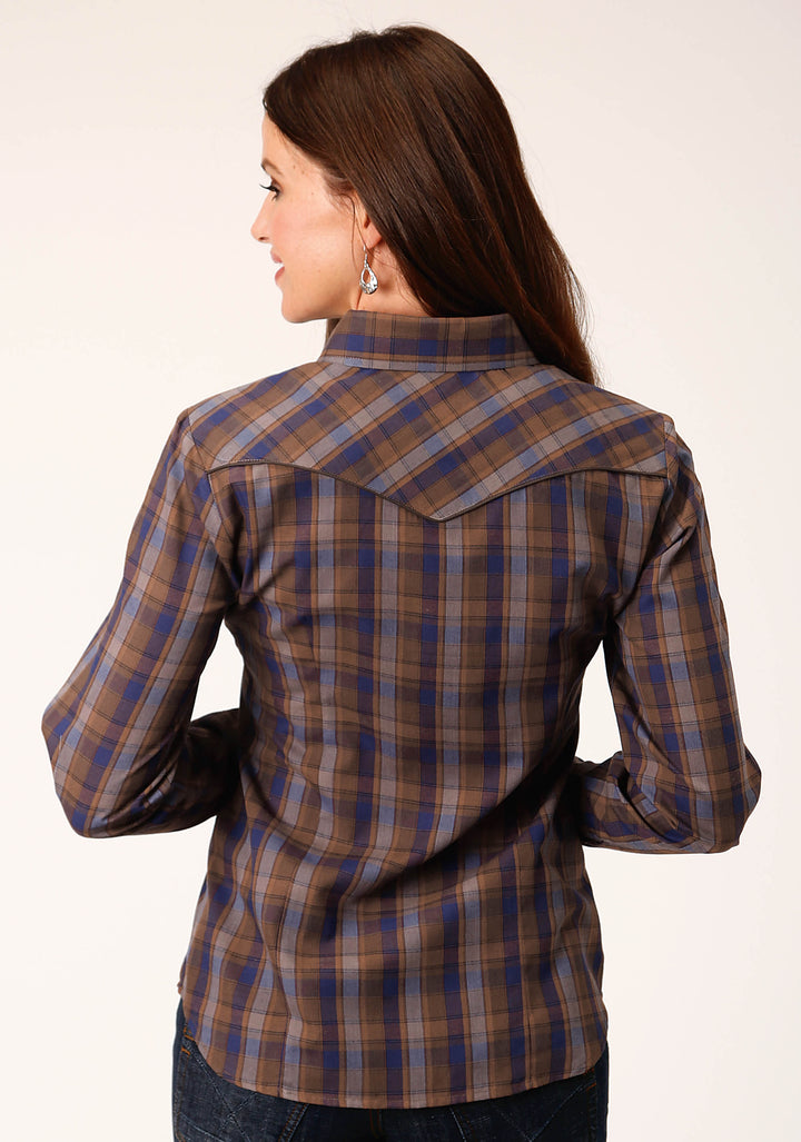 WOMENS LONG SLEEVE SNAP BLUE CAMEL BROWN PLAID WESTERN SHIRT WITH CONTRAST SOLID PIPING AND POCKETS