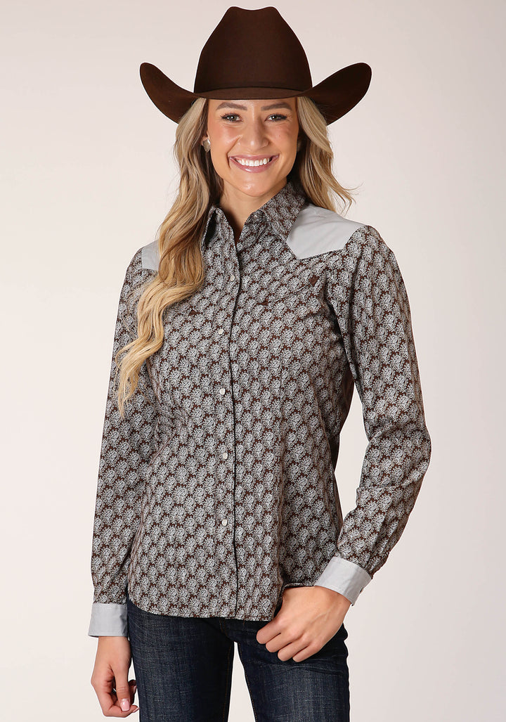 WOMENS LONG SLEEVE SNAP CHOCOLATE AND CREAM TEARDROP PRINT WESTERN SHIRT