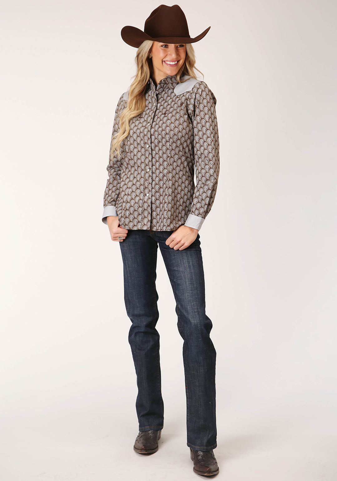 WOMENS LONG SLEEVE SNAP CHOCOLATE AND CREAM TEARDROP PRINT WESTERN SHIRT
