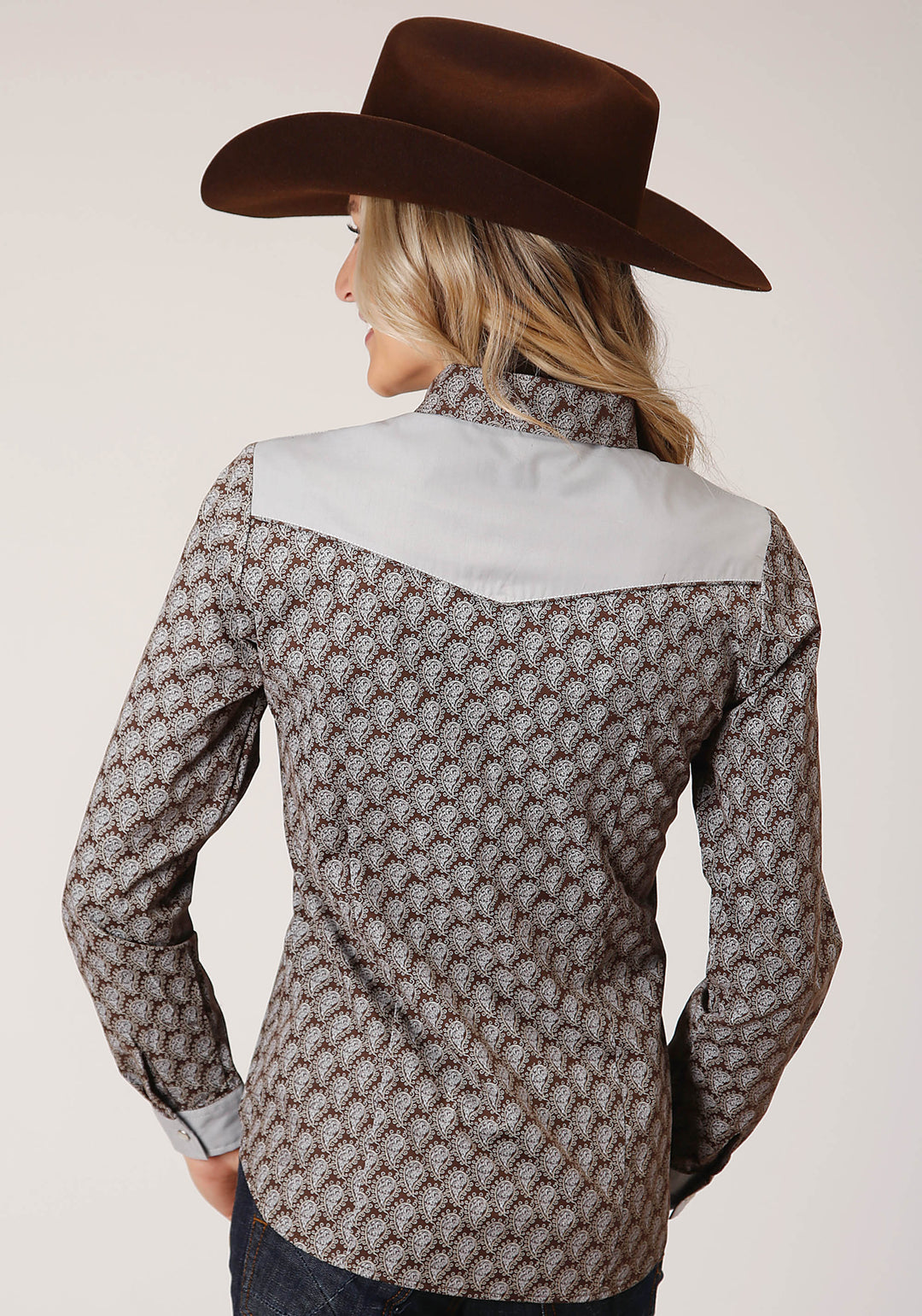 WOMENS LONG SLEEVE SNAP CHOCOLATE AND CREAM TEARDROP PRINT WESTERN SHIRT