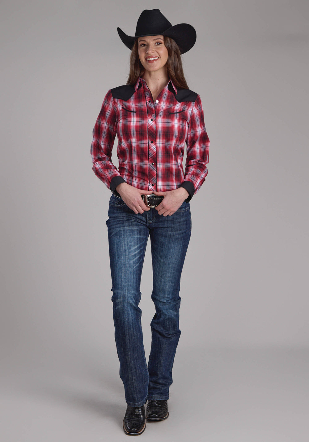 WOMENS RED WHITE AND BLACK PLAID LONG SLEEVE SNAP WESTERN SHIRT
