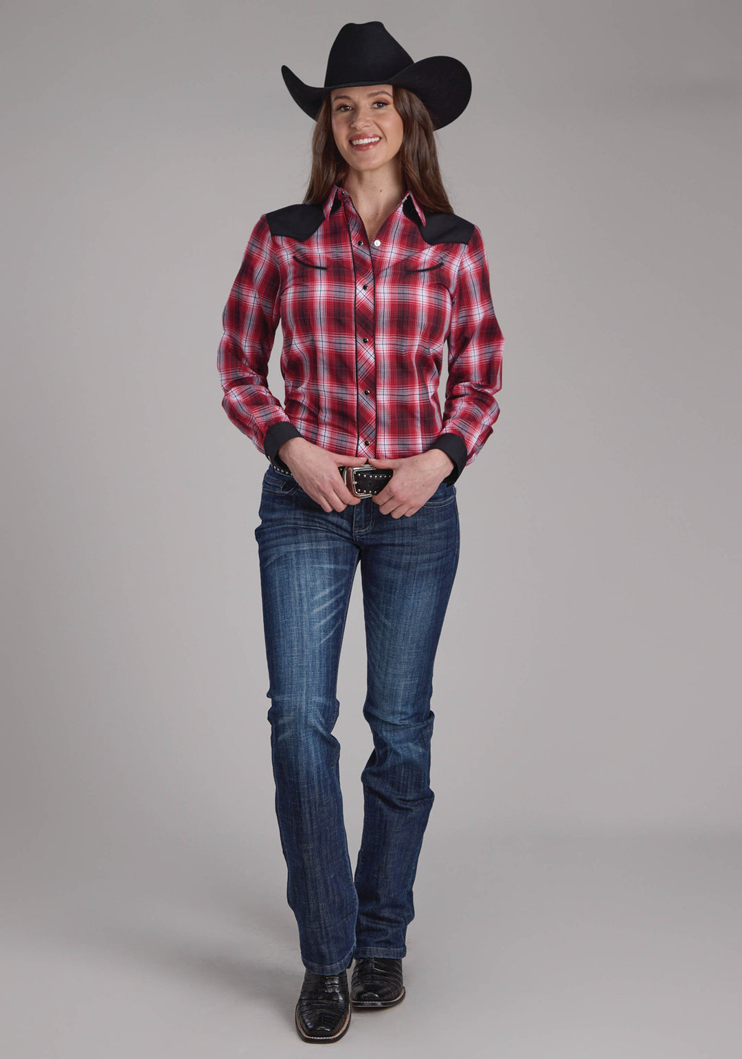 WOMENS RED WHITE AND BLACK PLAID LONG SLEEVE SNAP WESTERN SHIRT