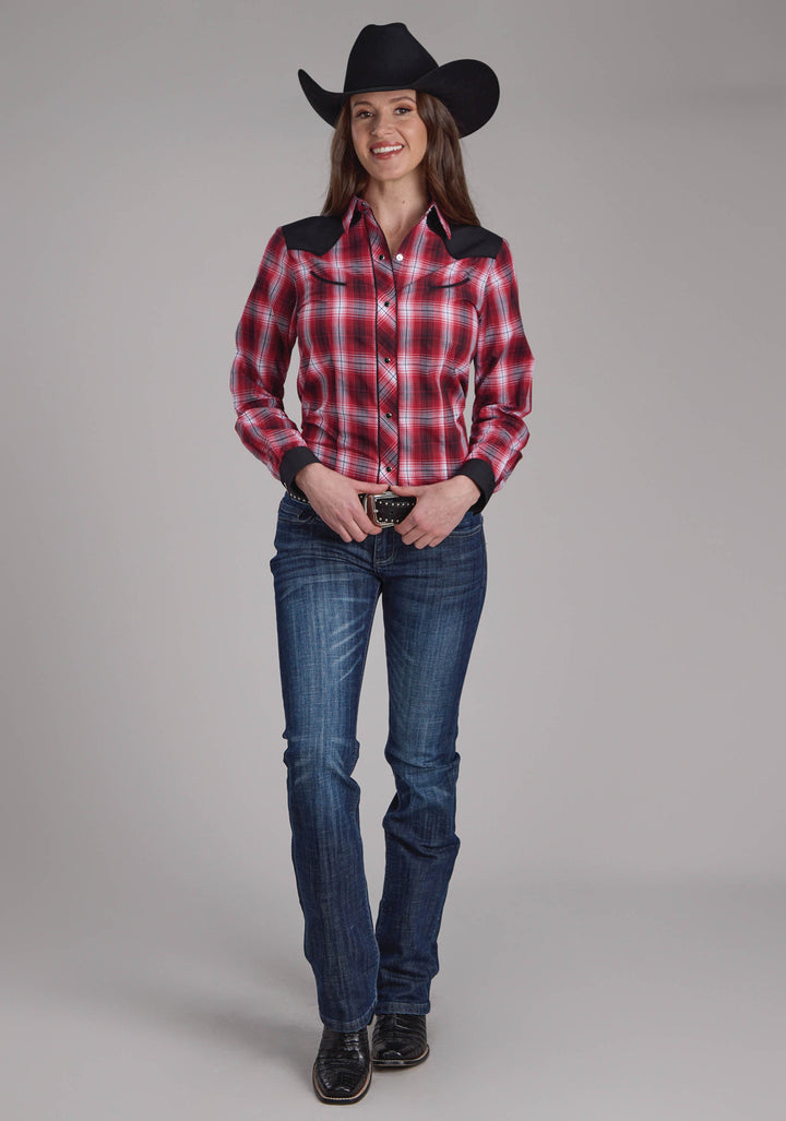 WOMENS RED WHITE AND BLACK PLAID LONG SLEEVE SNAP WESTERN SHIRT
