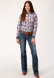 WOMENS LONG SLEEVE SNAP WINE  NAVY  AND WHITE PLAID WESTERN SHIRT