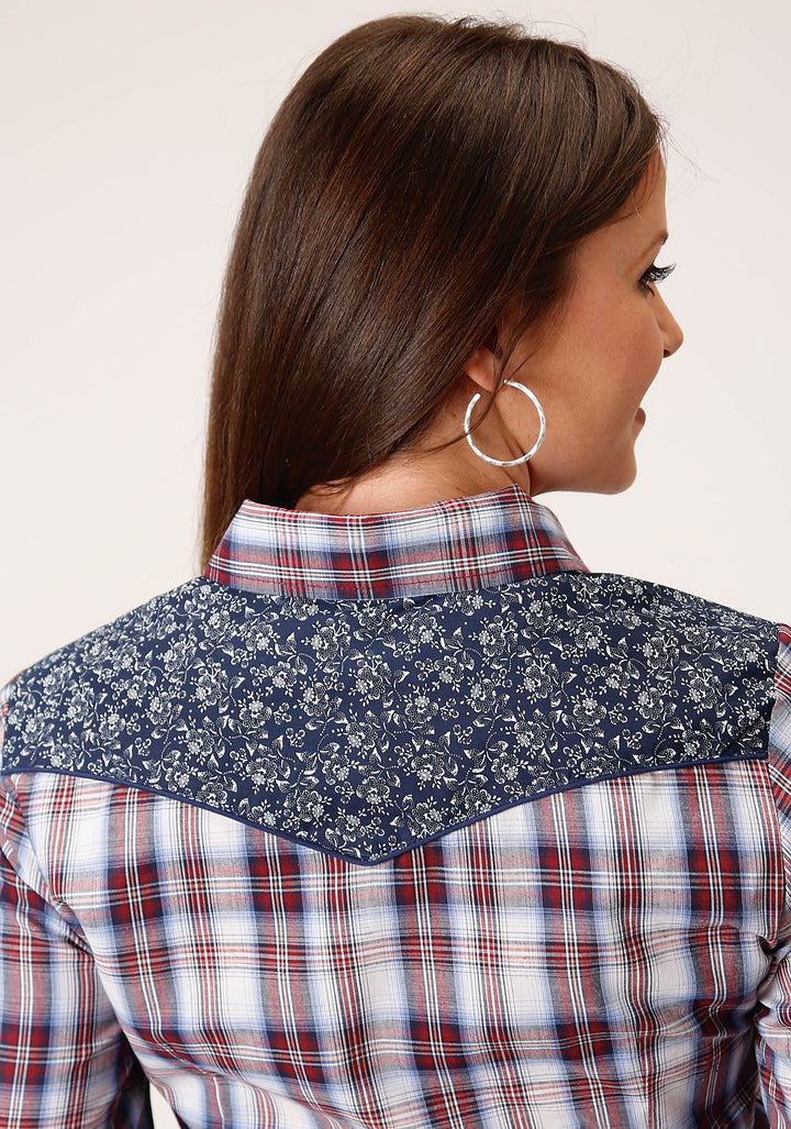 WOMENS LONG SLEEVE SNAP WINE  NAVY  AND WHITE PLAID WESTERN SHIRT