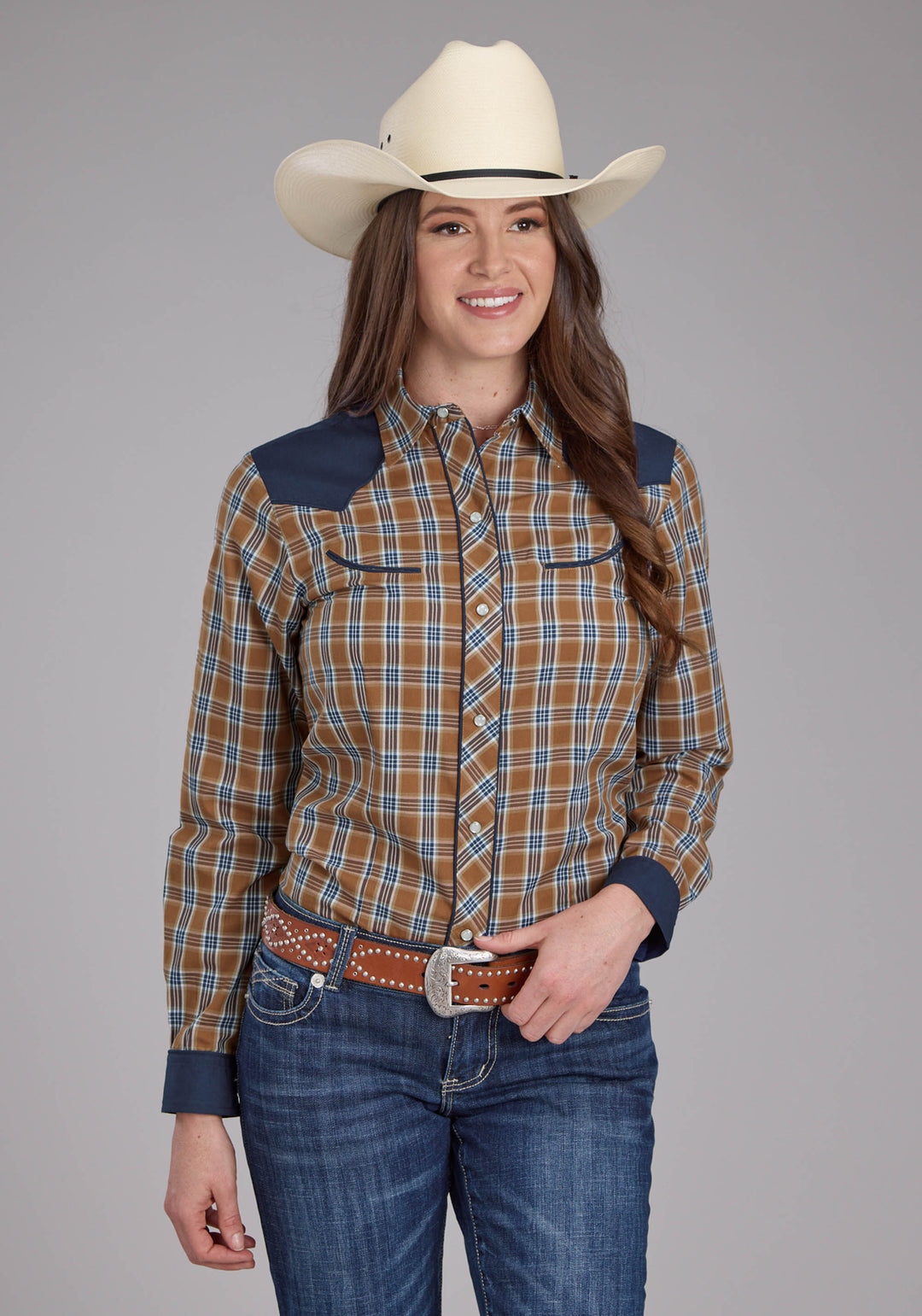 WOMENS RUST PLAID, SMILE POCKETS LONG SLEEVE SNAP WESTERN SHIRT
