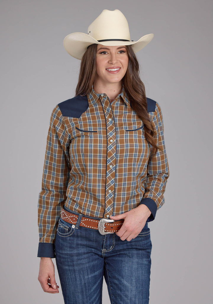 WOMENS RUST PLAID, SMILE POCKETS LONG SLEEVE SNAP WESTERN SHIRT