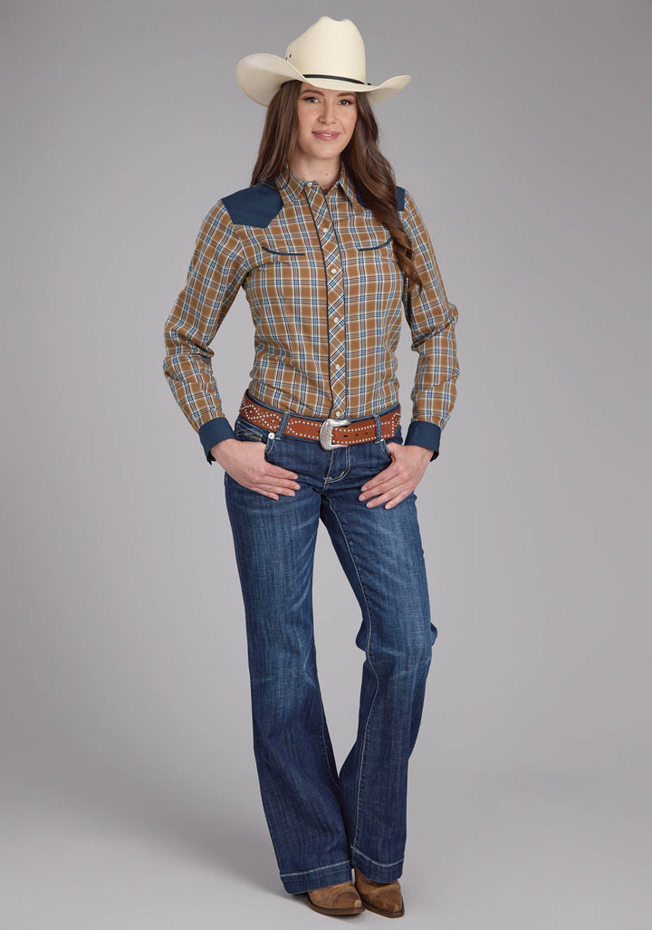 WOMENS RUST PLAID, SMILE POCKETS LONG SLEEVE SNAP WESTERN SHIRT