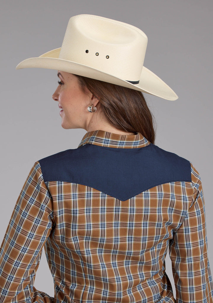 WOMENS RUST PLAID, SMILE POCKETS LONG SLEEVE SNAP WESTERN SHIRT