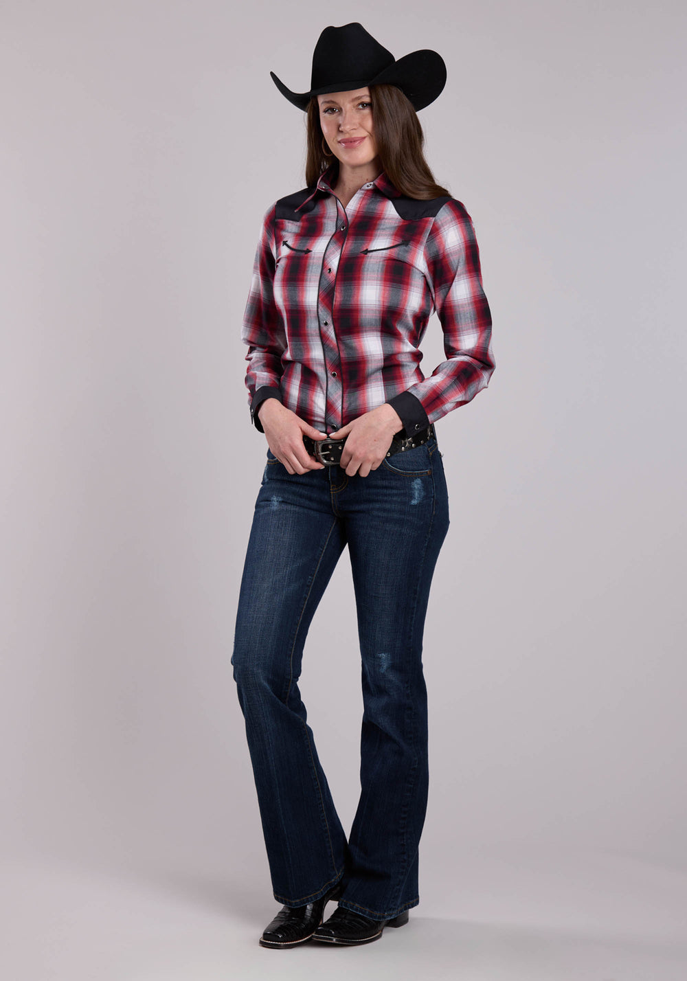 WOMENS ROPER BLACK RED  WHITE LONG SLEEVE SNAP SHIRT