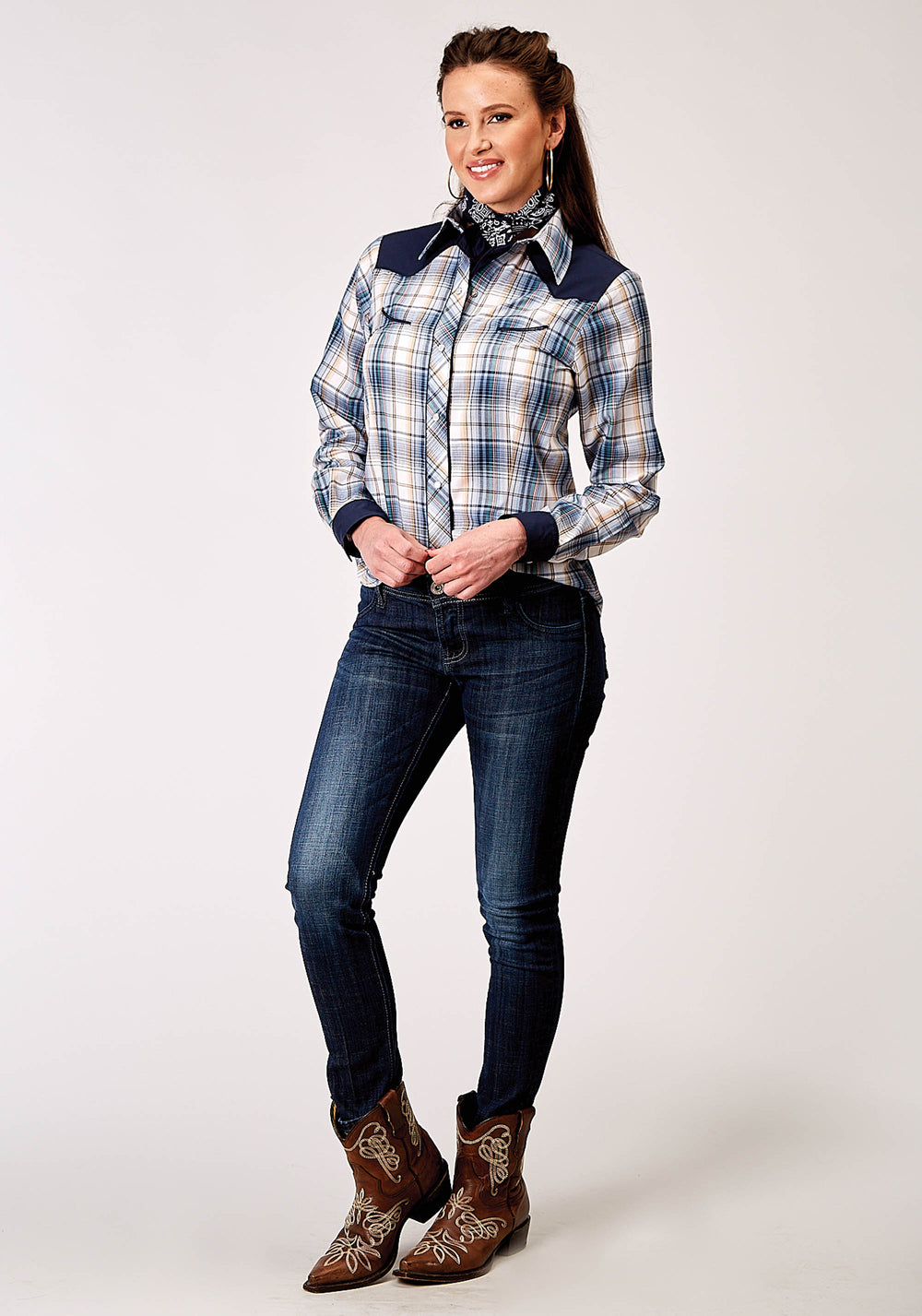 WOMENS LONG SLEEVE SNAP MADRIS PLAID PLAID WESTERN SHIRT WITH PIPING SOLID YOKES SMILE POCKETS