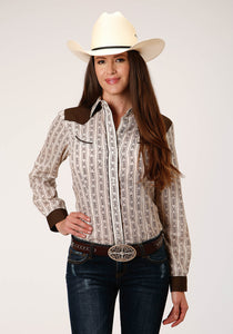 WOMENS LONG SLEEVE SNAP CREAM AND BROWN WALLPAPER STRIPE WESTERN SHIRT