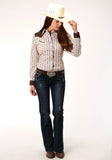 WOMENS LONG SLEEVE SNAP CREAM AND BROWN WALLPAPER STRIPE WESTERN SHIRT