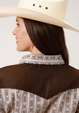 WOMENS LONG SLEEVE SNAP CREAM AND BROWN WALLPAPER STRIPE WESTERN SHIRT