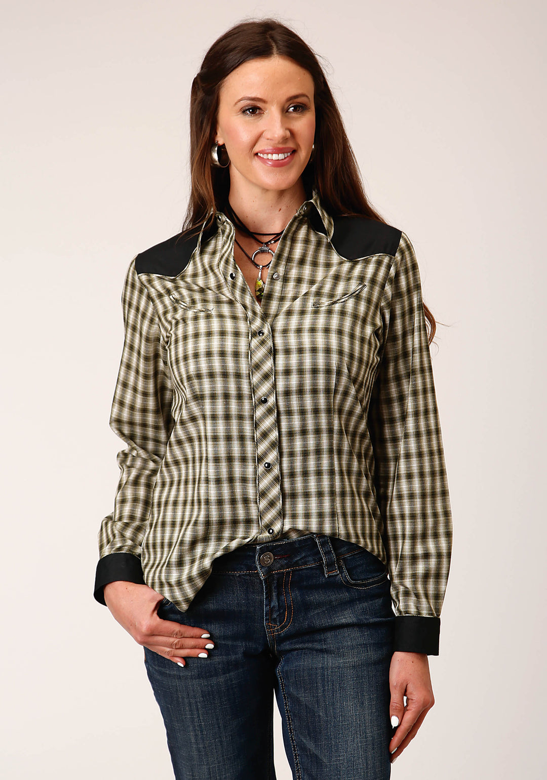 WOMENS LONG SLEEVE SNAP OLIVE BLACK CREAM WINDOWPANE PLAID WESTERN SHIRT WITH PIPING CONTRAST YOKES AND SMILE PCKTS