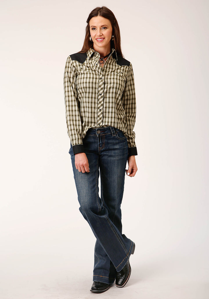 WOMENS LONG SLEEVE SNAP OLIVE BLACK CREAM WINDOWPANE PLAID WESTERN SHIRT WITH PIPING CONTRAST YOKES AND SMILE PCKTS