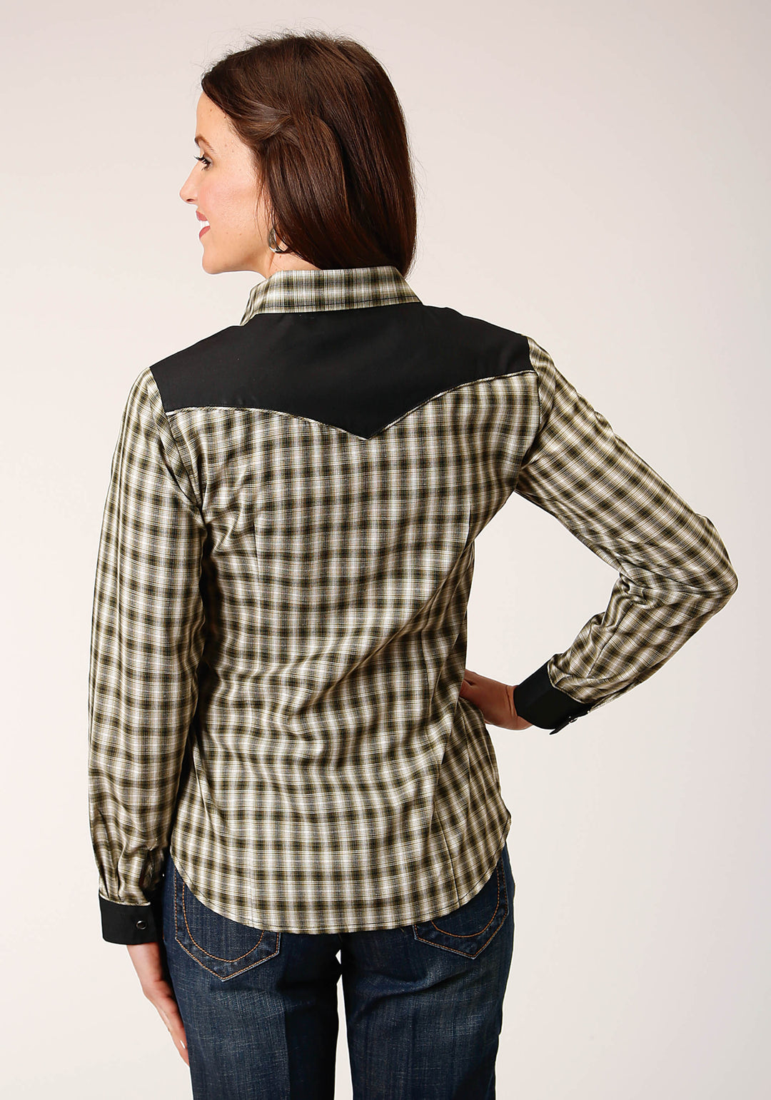 WOMENS LONG SLEEVE SNAP OLIVE BLACK CREAM WINDOWPANE PLAID WESTERN SHIRT WITH PIPING CONTRAST YOKES AND SMILE PCKTS