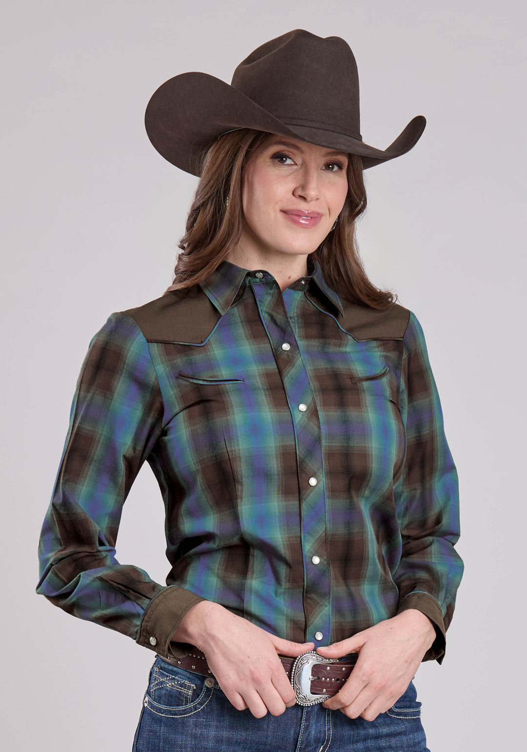 WOMENS LONG SLEEVE SNAP TURQUOISE COBALT CHOCOLATE PLAID WESTERN SHIRT
