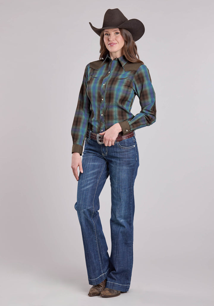 WOMENS LONG SLEEVE SNAP TURQUOISE COBALT CHOCOLATE PLAID WESTERN SHIRT