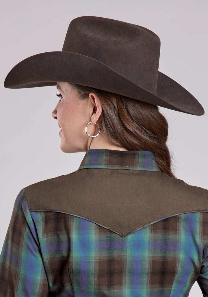 WOMENS LONG SLEEVE SNAP TURQUOISE COBALT CHOCOLATE PLAID WESTERN SHIRT