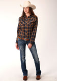 WOMENS LONG SLEEVE SNAP NAVY AND BROWN PLIAD WESTERN SHIRT