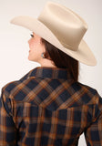 WOMENS LONG SLEEVE SNAP NAVY AND BROWN PLIAD WESTERN SHIRT