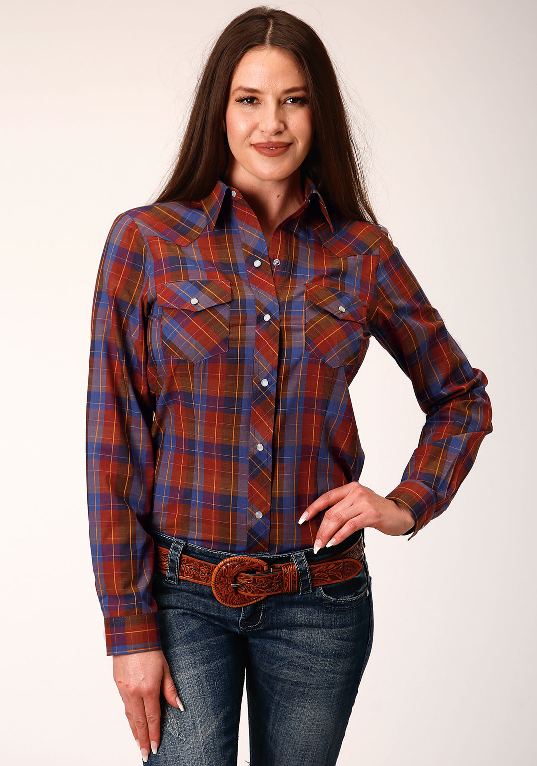 WOMENS LONG SLEEVE SNAP WINE AND PERI PLAID WESTERN SHIRT
