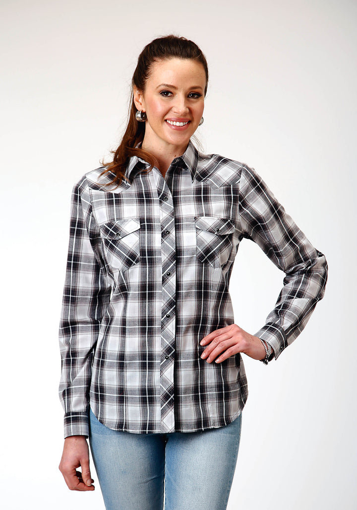 WOMENS LONG SLEEVE SNAP BLACK AQUA GREY PLAID WESTERN SHIRT