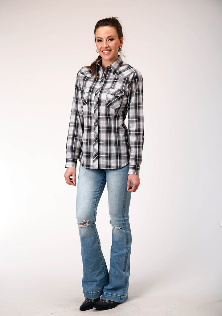 WOMENS LONG SLEEVE SNAP BLACK AQUA GREY PLAID WESTERN SHIRT