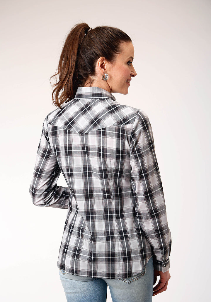 WOMENS LONG SLEEVE SNAP BLACK AQUA GREY PLAID WESTERN SHIRT