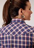 WOMENS LONG SLEEVE SNAP NAVY RED CREAM WINDOWPANE PLAID WESTERN SHIRT