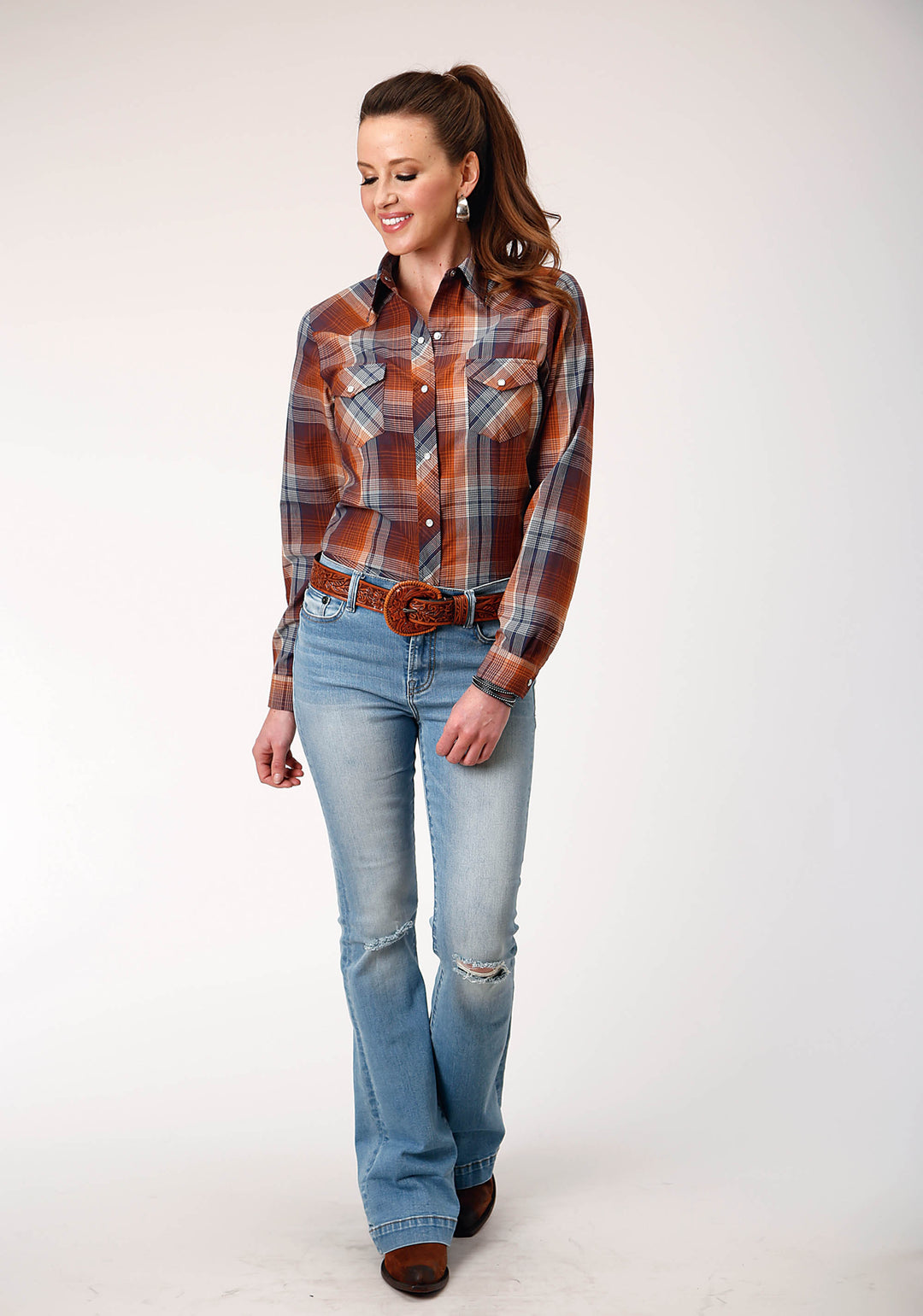 WOMENS LONG SLEEVE SNAP BROWN NAVY CREAM PLAID WESTERN SHIRT