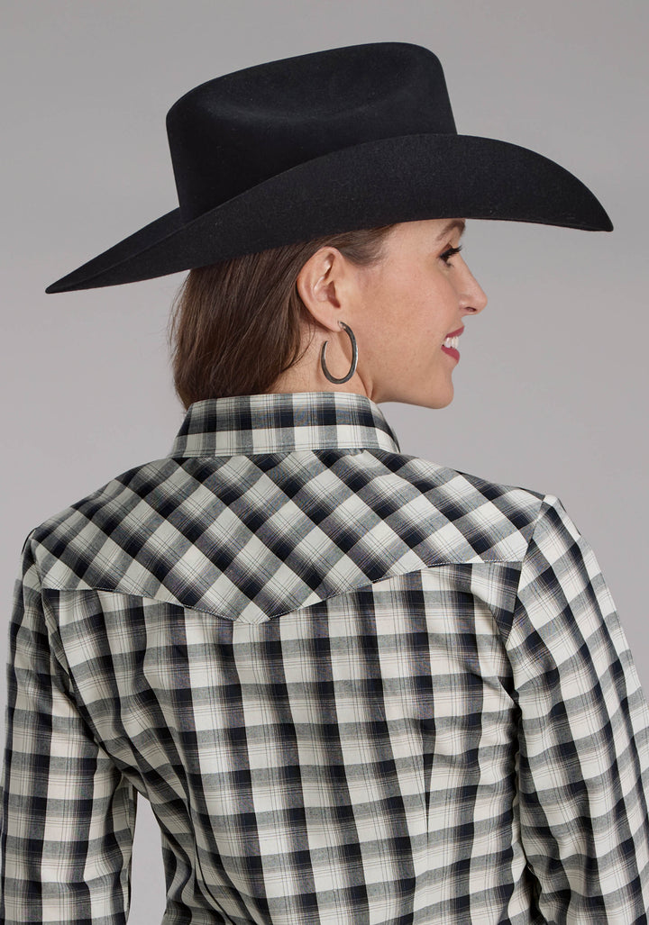 WOMENS BLUE BLACK AND CREAM PLAID LONG SLEEVE SNAP WESTERN SHIRT